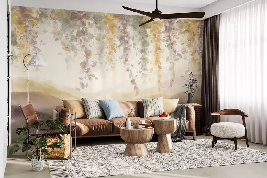 fotószőnyeg Lágy pasztell sárga és barna színek, akvarell stílusú táj, kéklő hegyek fölött lógó golgotavirág levelek w08909v1