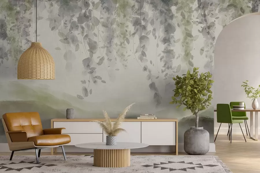 fotószőnyeg Lágy pasztell zöld és bézs színek, akvarell stílusú tájkép, kéklő hegyek fölött lógó golgotavirág levelek w08909v2