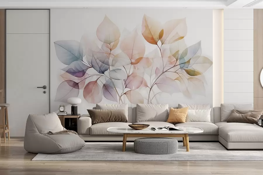 fotószőnyeg Áttetsző levelek akvarell festménye pasztell színekben, rózsaszín, fehér, lila és kék árnyalatokkal w08910