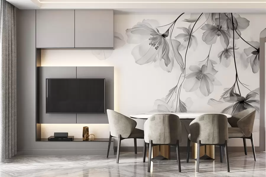 fotószőnyeg Fekete virágok áttetsző szirmokkal lógnak egy ágról, fekete-fehér, minimalista, modern művészeti kompozíció w08911