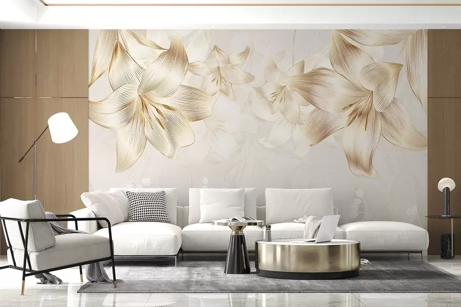 fotószőnyeg Sárga liliom bonyolult vonalas részletekkel, elegáns virágkötészet, semleges színpaletta w08912