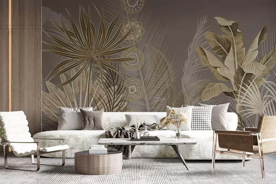 fotószőnyeg Trópusi levelek bézs és barna árnyalatokban, pálmalevelek, banánlevelek és mandala díszek, sötét háttér w08913v1