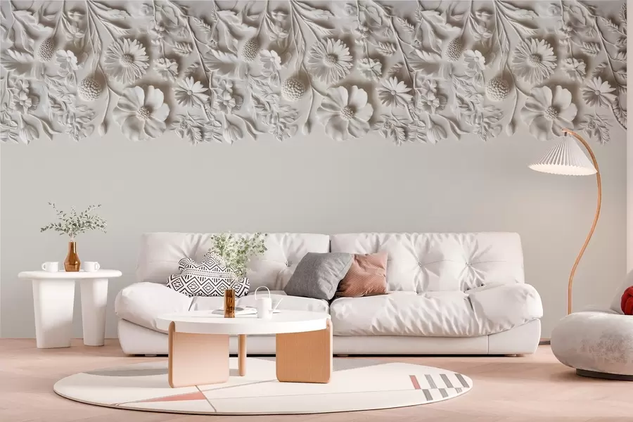 fotószőnyeg Bazrelief virágok utánzata a tetején tej színben w03398v1