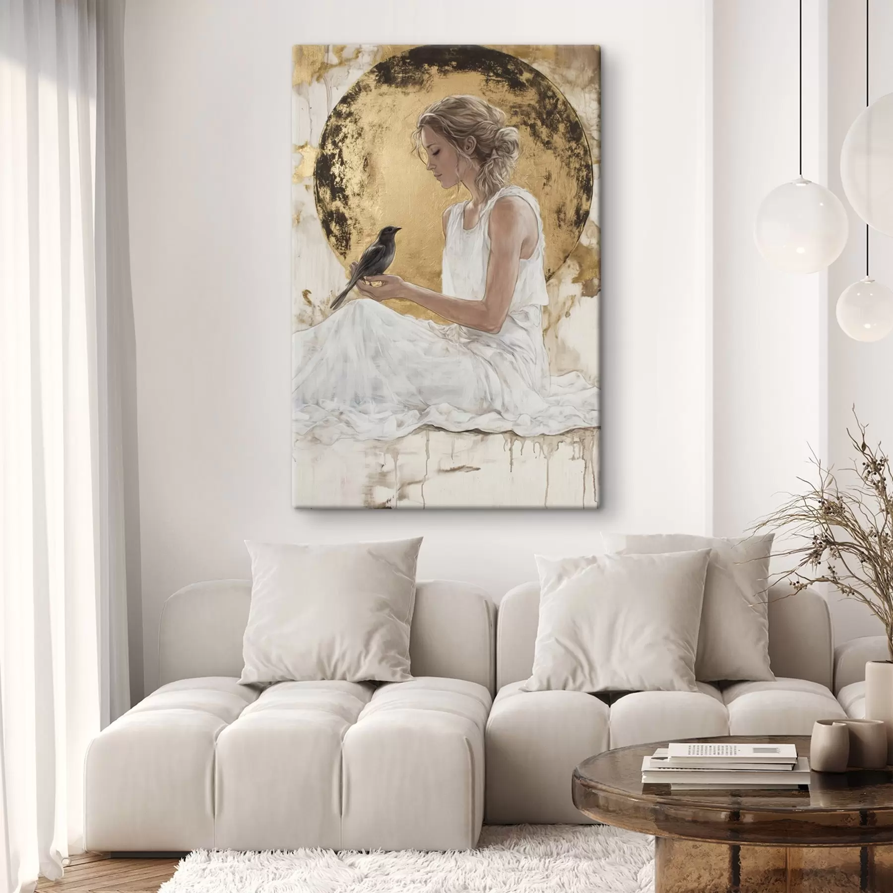 fotótapéta Gyönyörű nő madárral, Görögország, akril stílusú rajz s43503