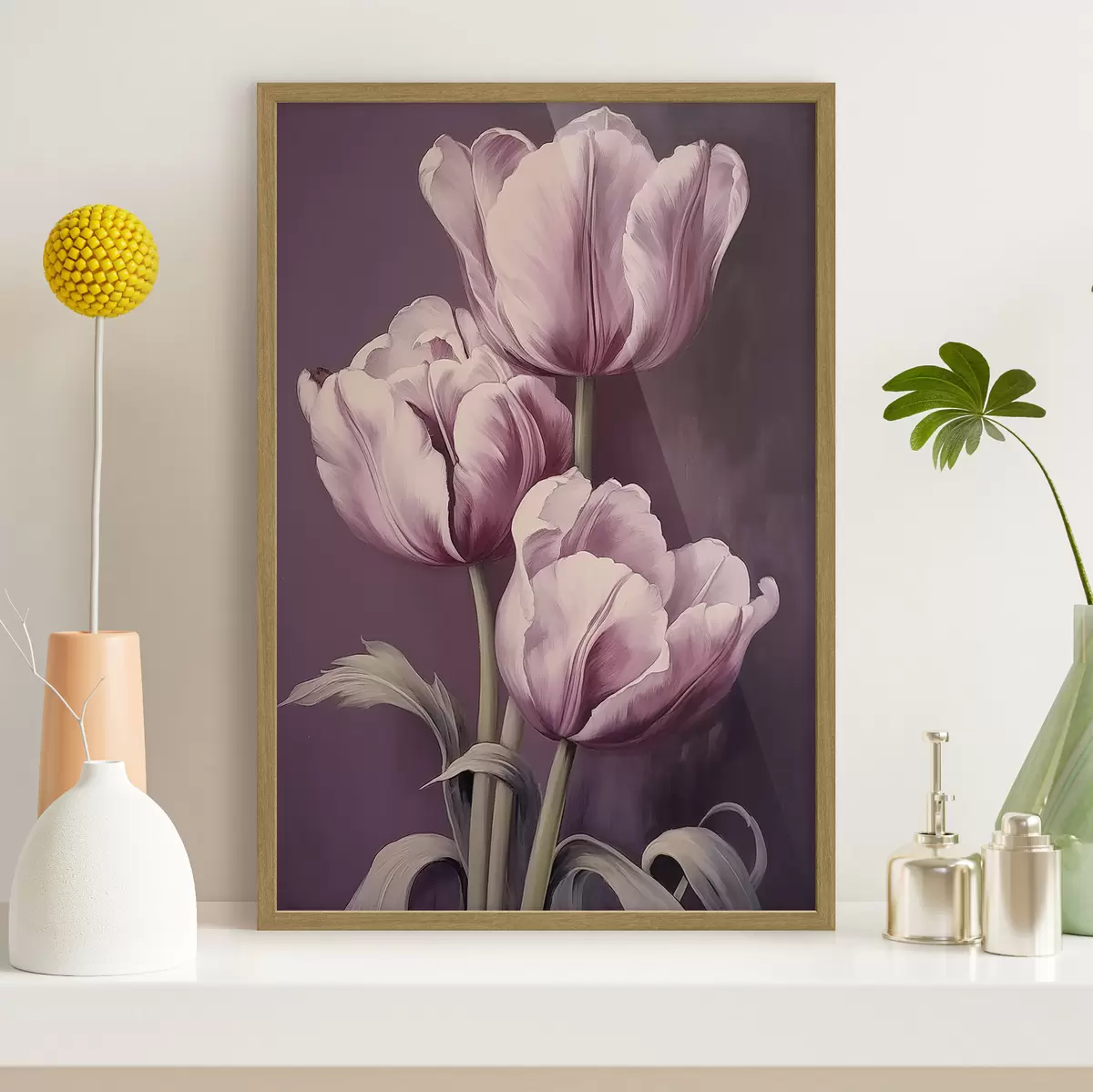 Plakát a sziklán Elegáns tulipánok lila háttéren f43513