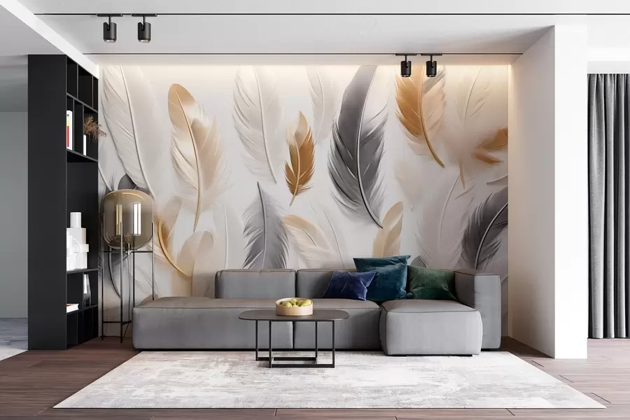 fotószőnyeg Bézs-szürke tollak lágy, nyugodt tónusokban w08955