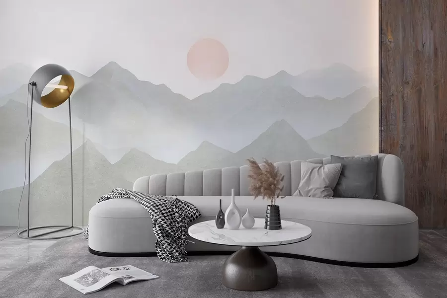 fotószőnyeg Boho stílusú hegyek táj, naplemente, lágy pasztell, szürke, szürke w03547v1