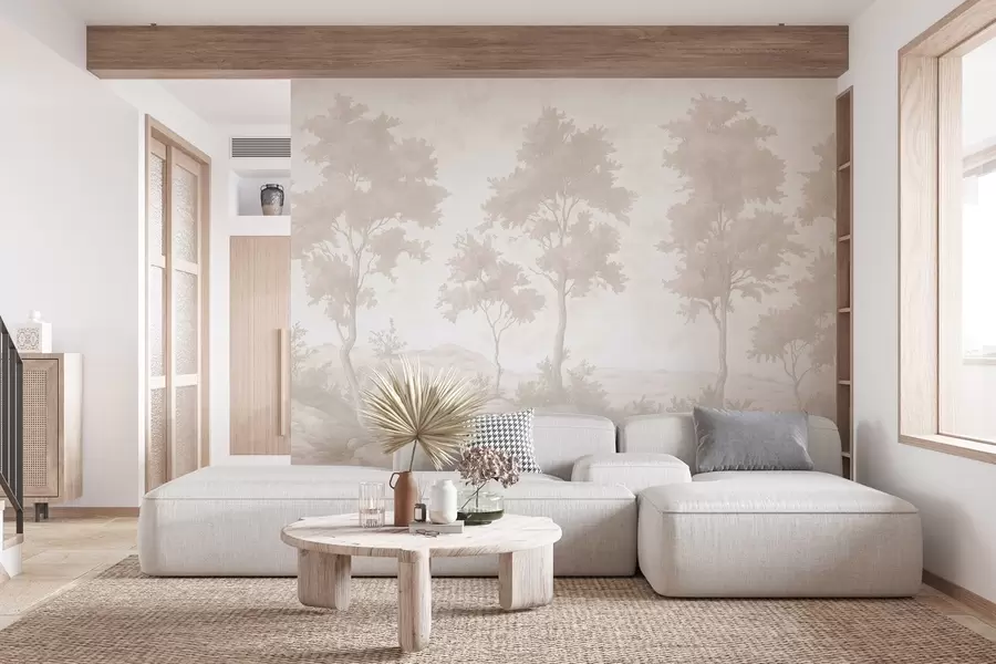 fotószőnyeg Fák a dombon, pasztell stílusú rajz, bézs színek, rusztikus w03550