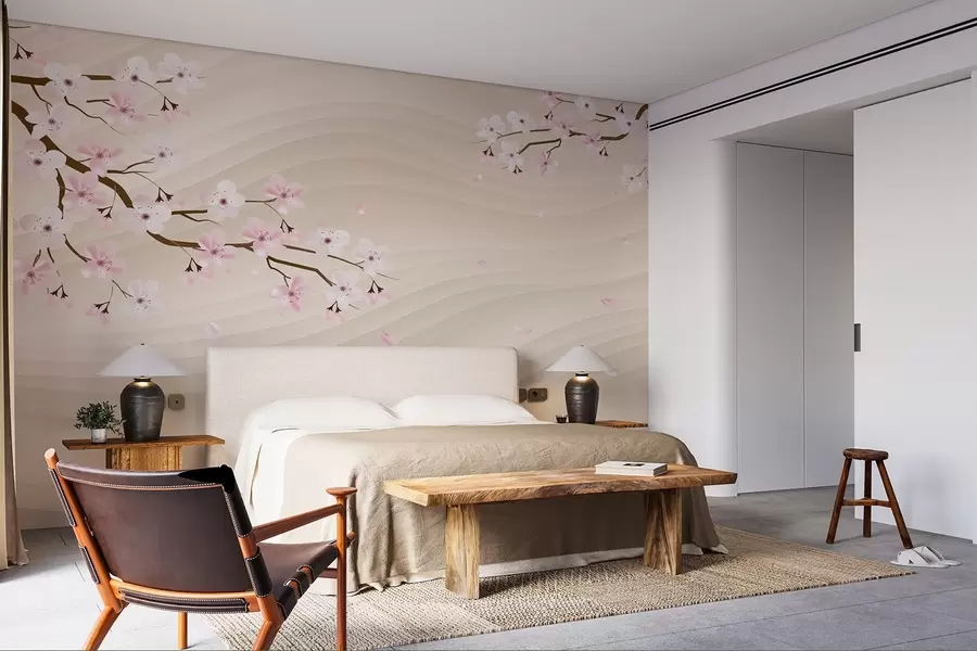 fotószőnyeg Sakura ágak hullámos homokos háttéren w08959