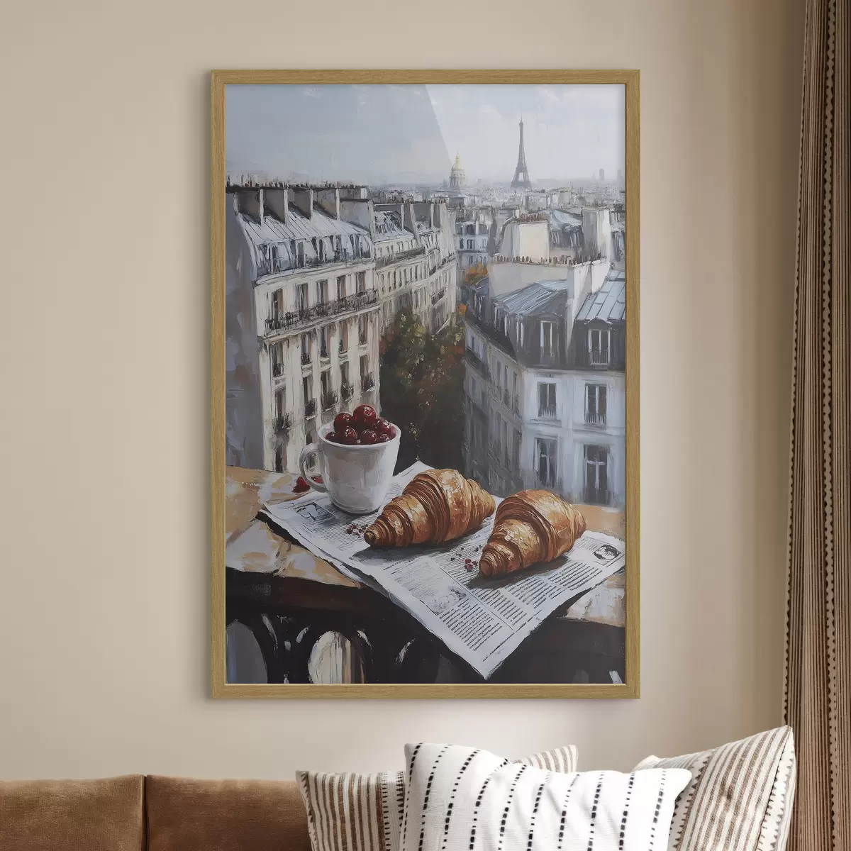 Plakát a sziklán Párizs reggel, kávé croissant-nal, városnézés, olaj stílusú rajz f43892