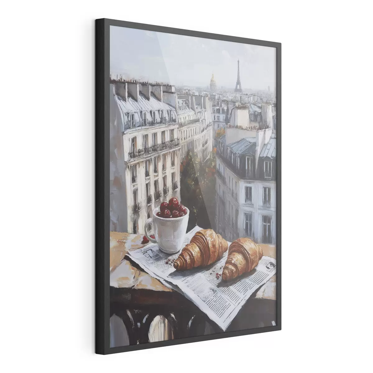 Plakát a sziklán Párizs reggel, kávé croissant-nal, városnézés, olaj stílusú rajz f43892