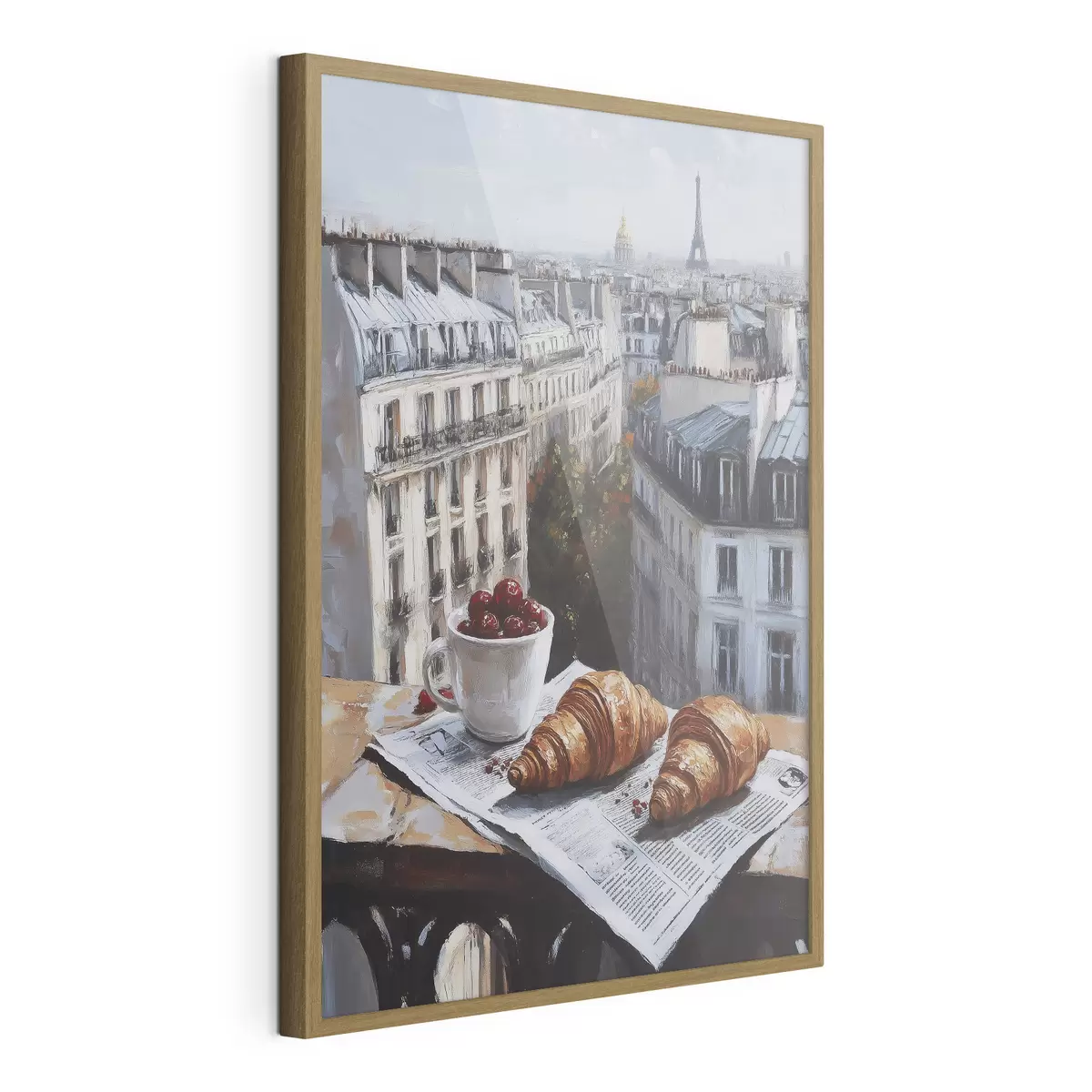 Plakát a sziklán Párizs reggel, kávé croissant-nal, városnézés, olaj stílusú rajz f43892