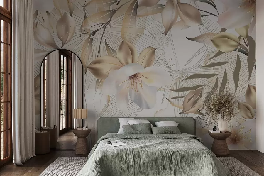 fotószőnyeg Jázmin virágok és levelek, lágy színek, botanikai illusztráció, virágos háttér , elegáns design, finom szirmok w08977