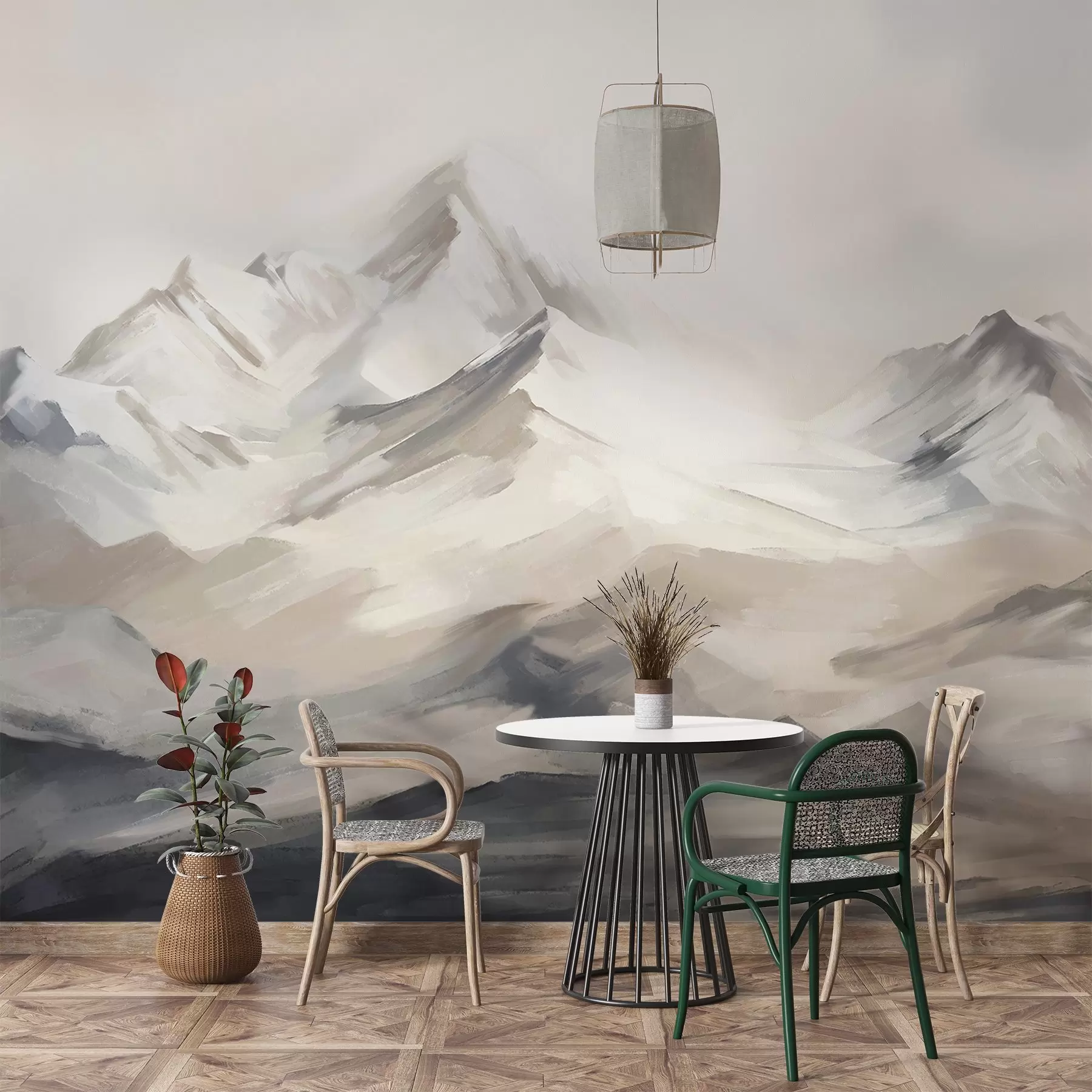 fotószőnyeg Hegyek táj, világos égbolt, ecsetvonások, semleges bézs és szürke színek, hegység, hegyvonulat  w08980