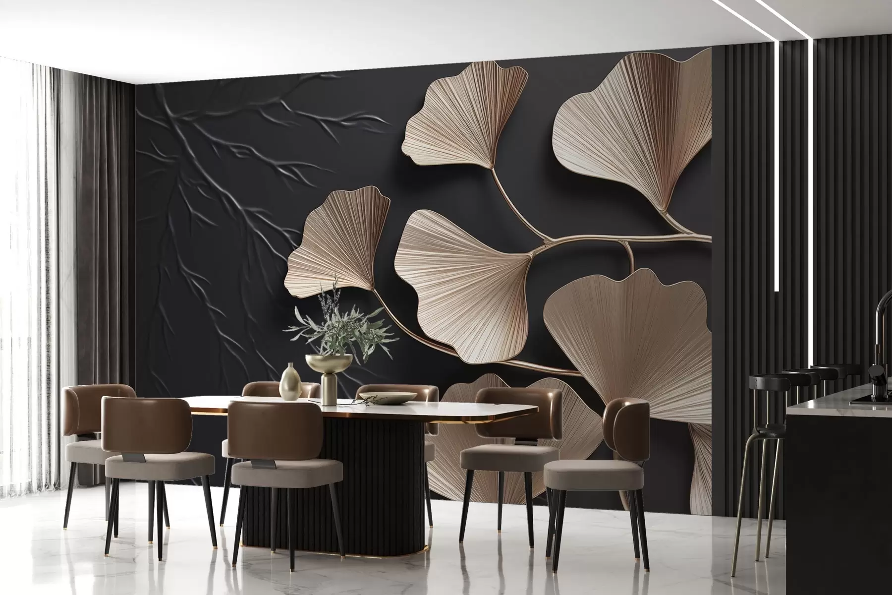 fotószőnyeg Volumetrikus lombozat sötét falon ágakkal w03650