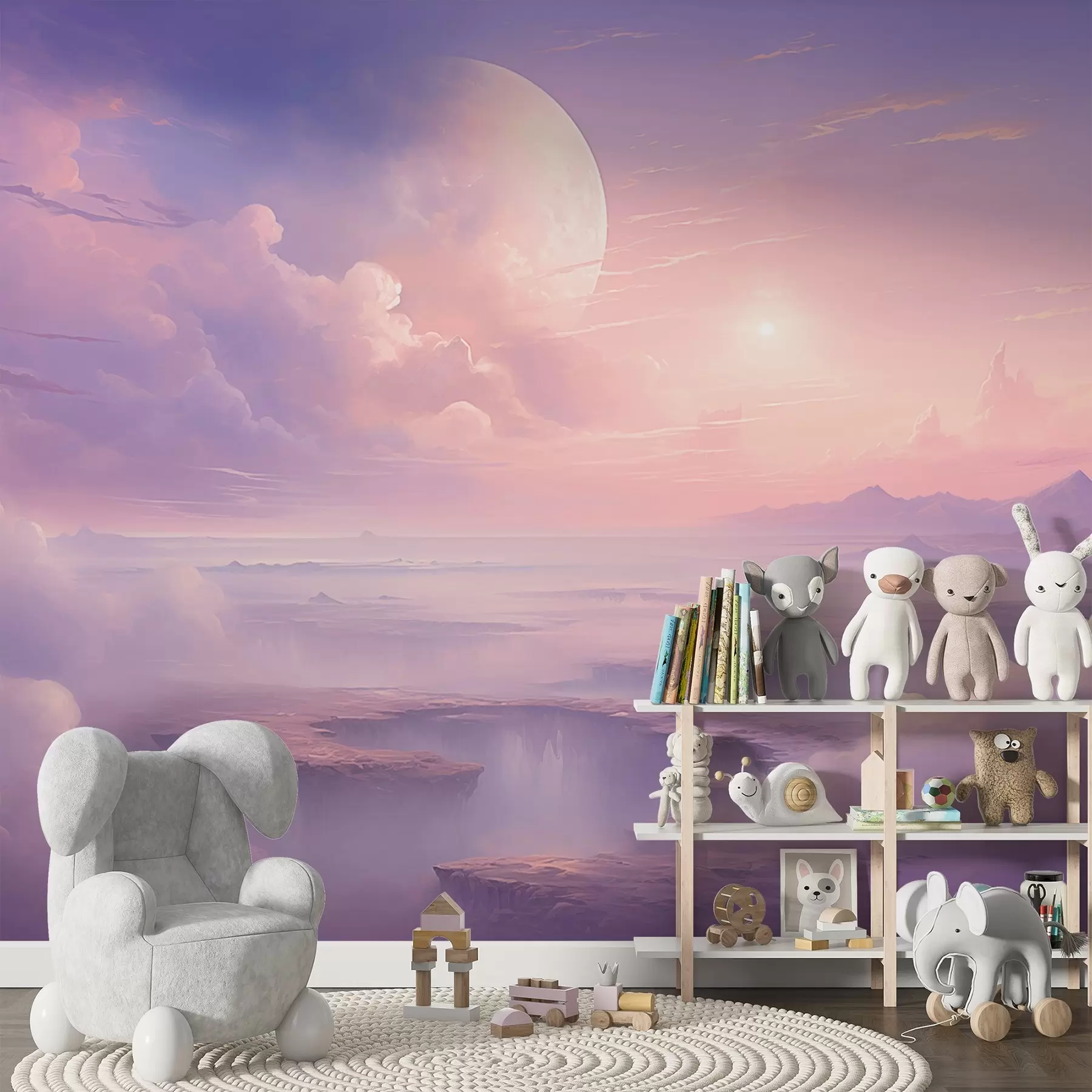 fotótapéta Varázslatos lila-rózsaszín égbolt a holddal és a felhőkkel w08986