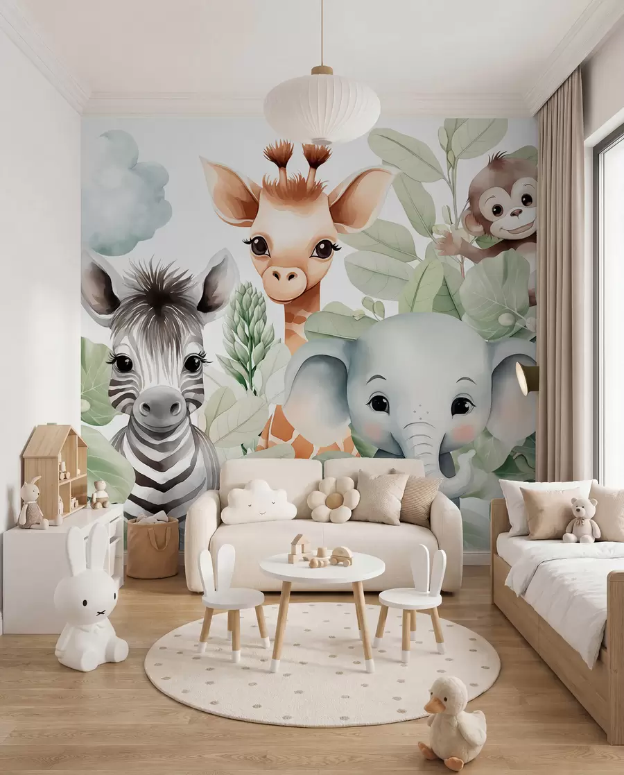 fotószőnyeg Zsiráf, zebra, elefánt és majom a lombok között w03677