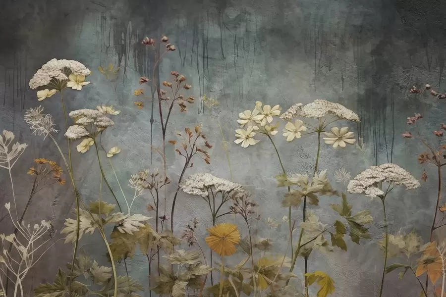 fotószőnyeg Vadvirágok és füvek a grunge fal hátterében w03697