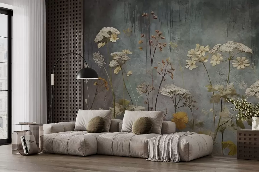 fotószőnyeg Vadvirágok és füvek a grunge fal hátterében w03697