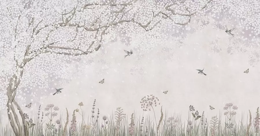 fotószőnyeg Virágzó fa vadvirágokkal és madarakkal w03700