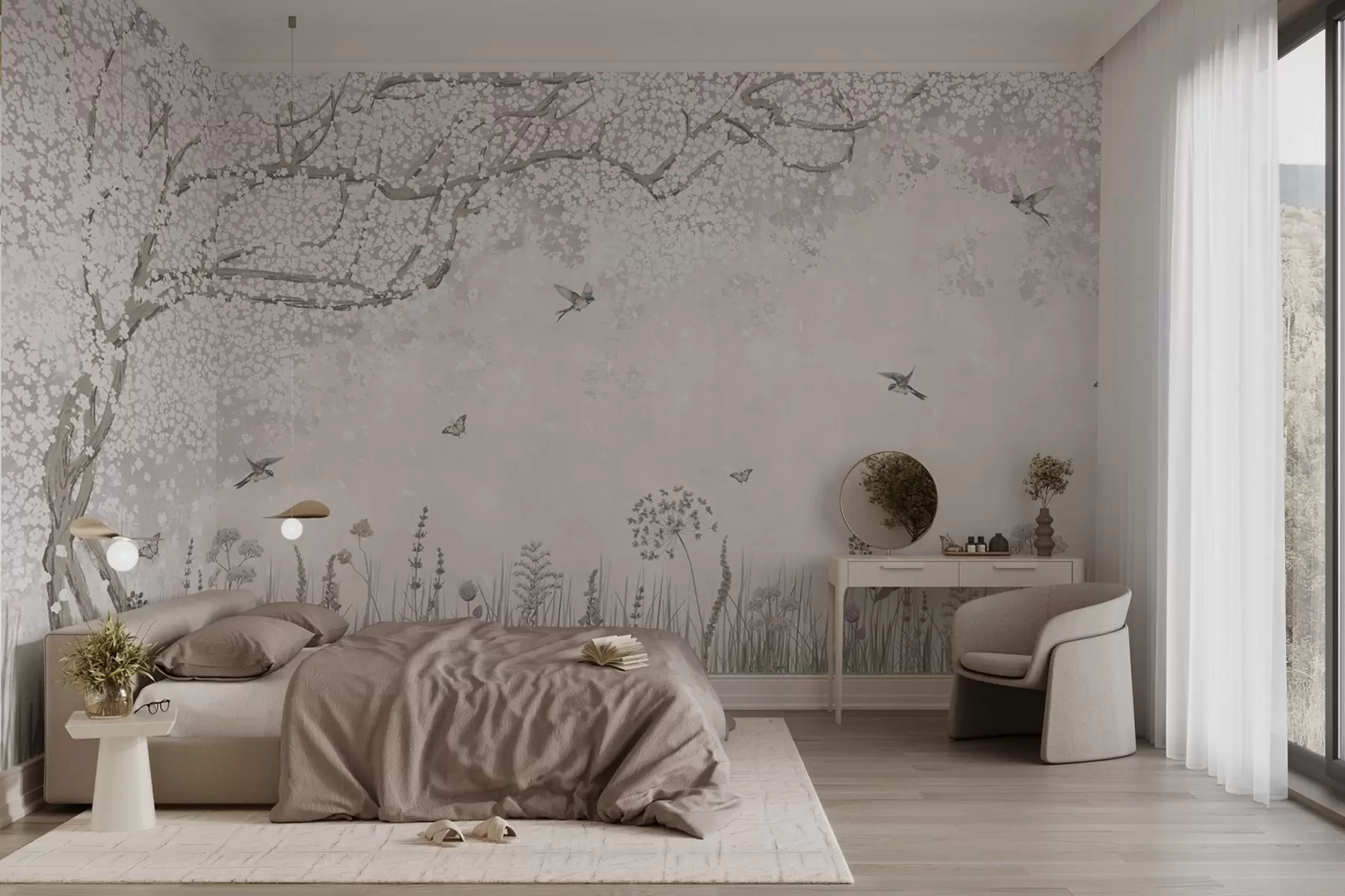 fotószőnyeg Virágzó fa vadvirágokkal és madarakkal w03700