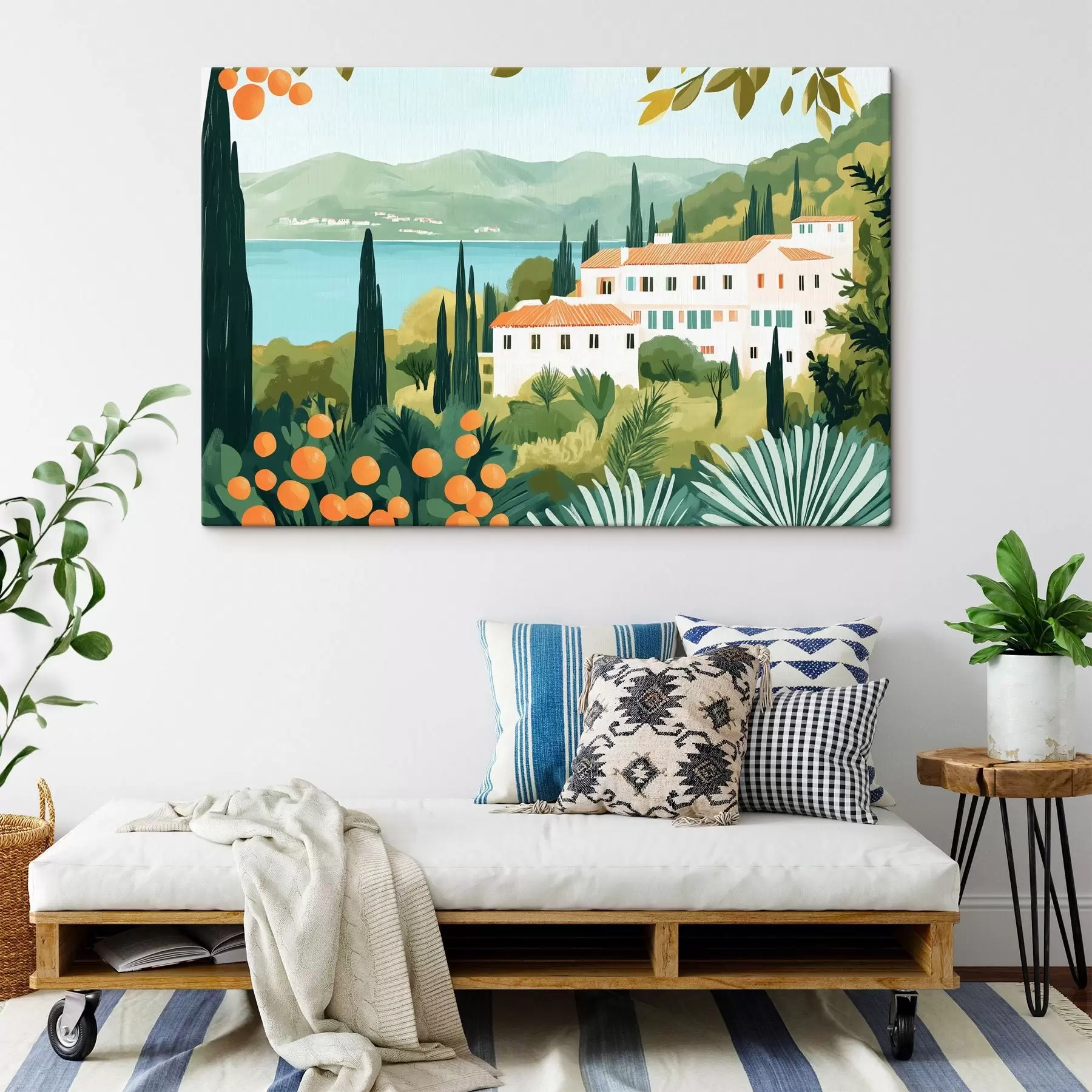 fotószőnyeg Mediterrán tájak narancsfákkal és házakkal, tengerparton s44027