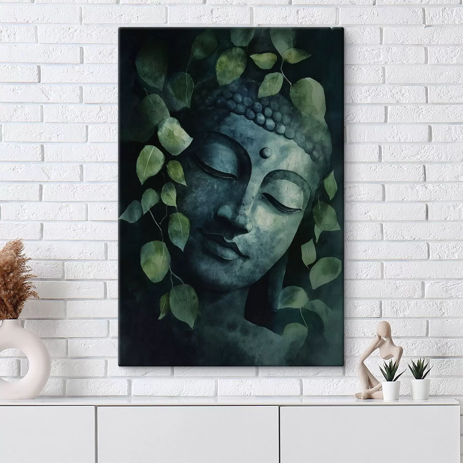 fotótapéta Buddha csukott szemmel, meditáció, zöld színek s44030