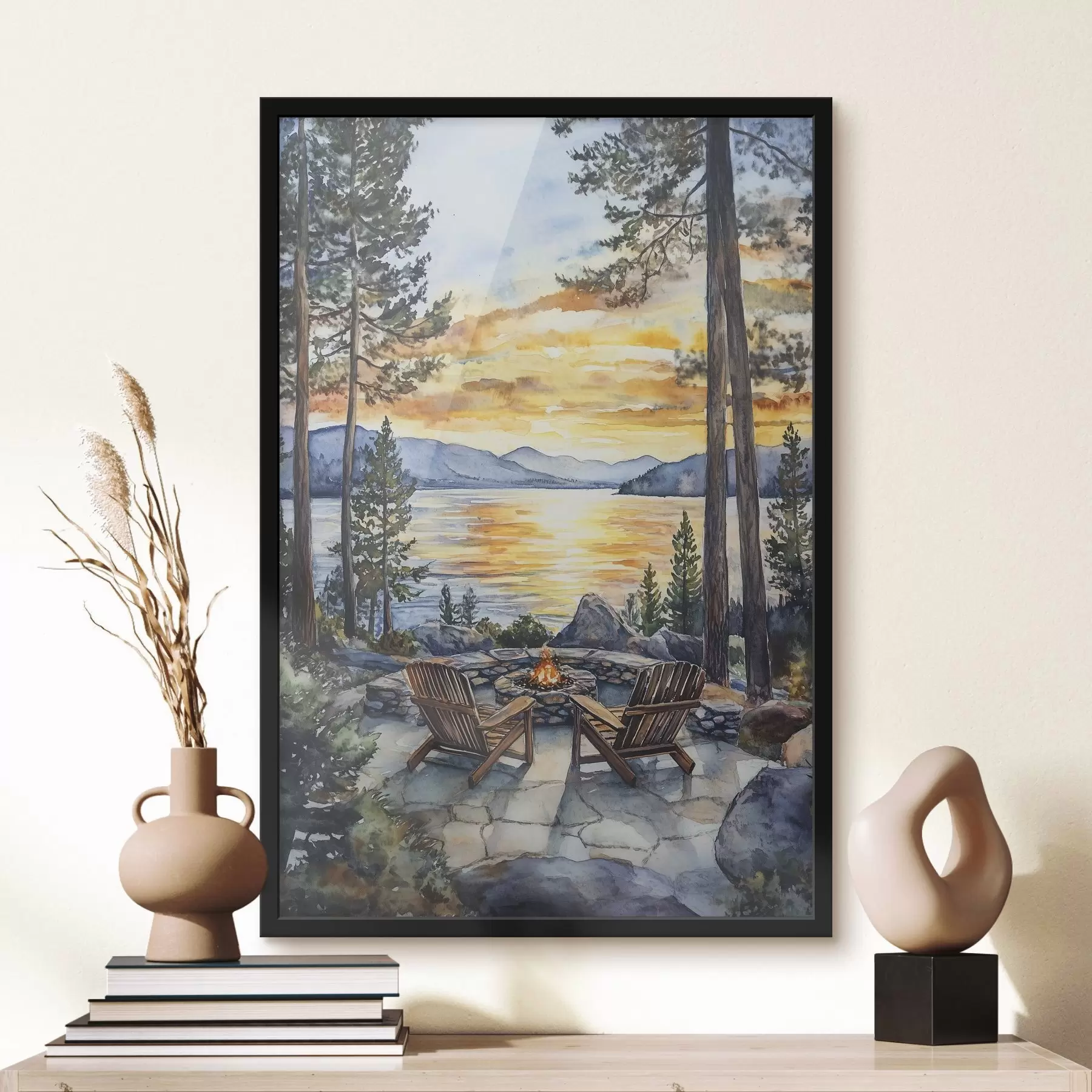 fotószőnyeg Tó hegyekkel a naplementében, utazás, hangulatos kandalló, vízfestmény f44018