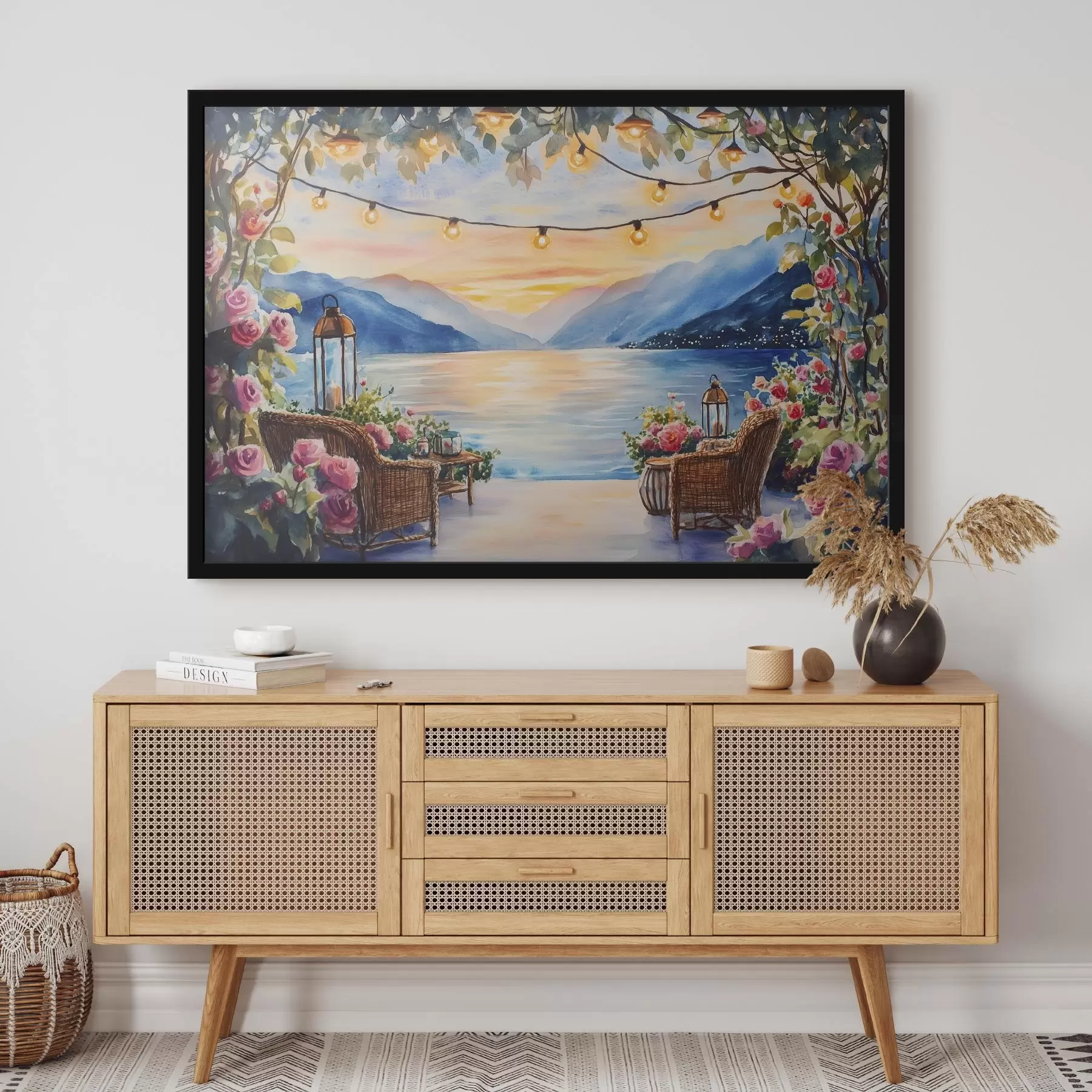 fotószőnyeg Gyönyörű naplemente a hegyekben, tó, rózsák, boho stílusban f44025
