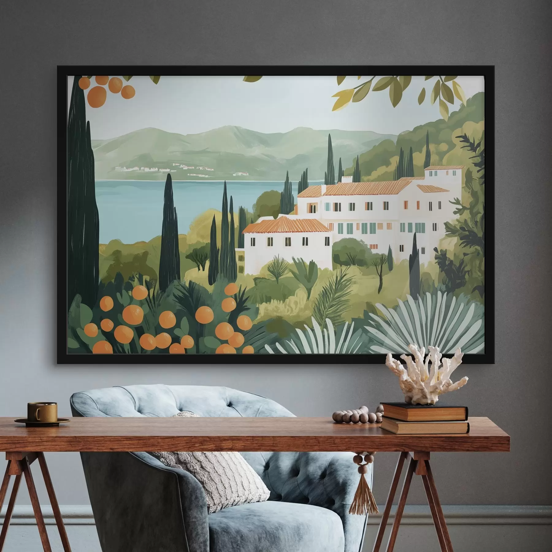 fotószőnyeg Mediterrán tájak narancsfákkal és házakkal, tengerparton f44027
