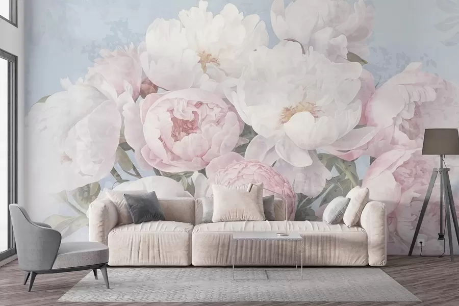 fotószőnyeg Texturált absztrakt rózsaszín és fehér pünkösdi rózsák zöld levelekkel, világoskék háttér, lágy és finom színek, vintage stílusban w09008