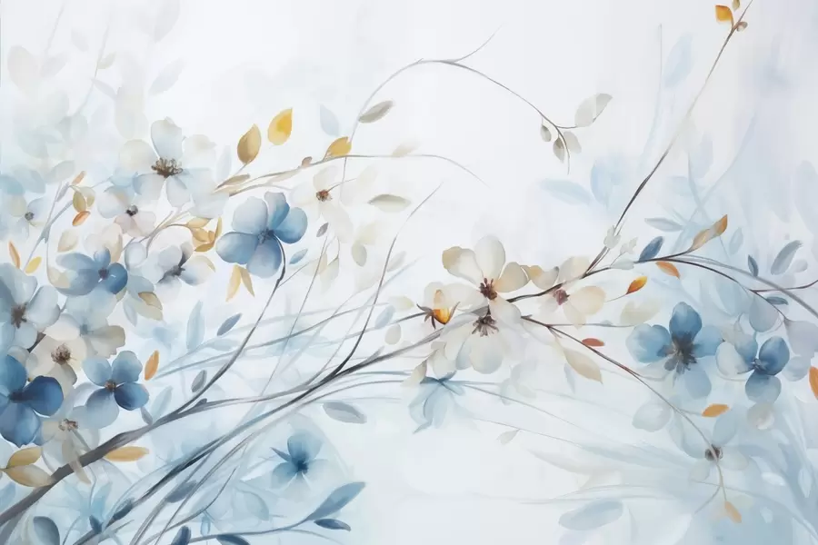 fotószőnyeg Virágkompozíció kék, narancssárga levelekkel és fehér virágokkal, finom szirmokkal, vékony ágakkal, lágy színekkel, akvarell hatással w09009