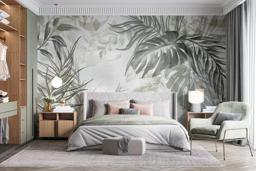 fotószőnyeg Monstera és pálmalevelek a zöld és szürke árnyalataiban, botanikai, trópusi lombozat, dzsungel növények, texturált háttér w09011