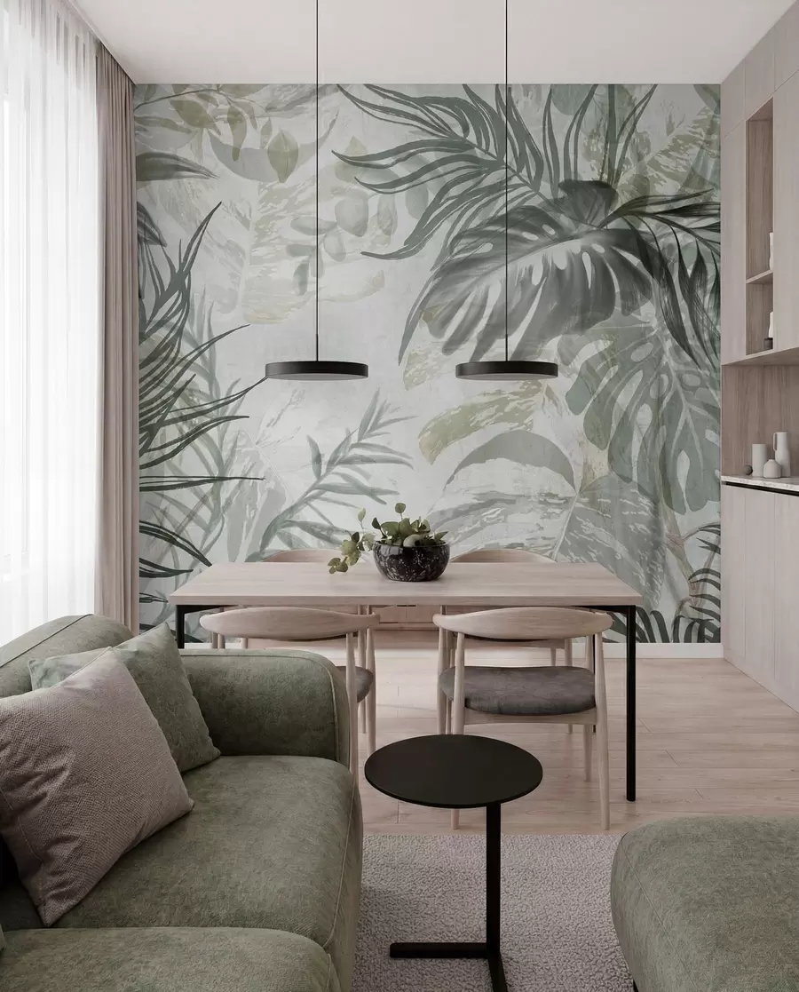 fotószőnyeg Monstera és pálmalevelek a zöld és szürke árnyalataiban, botanikai, trópusi lombozat, dzsungel növények, texturált háttér w09011