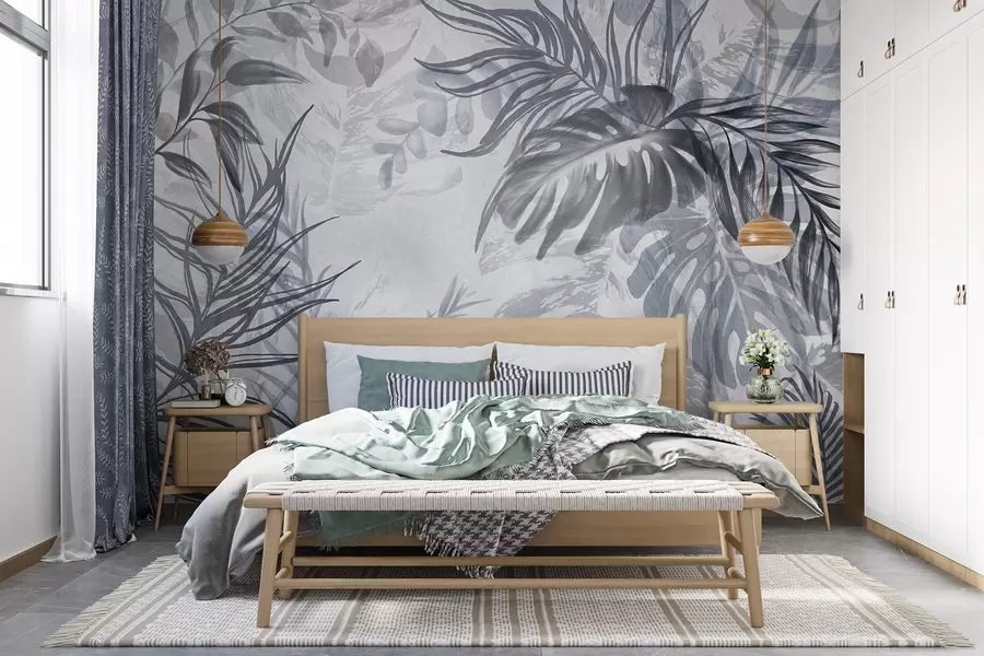 fotószőnyeg Monstera és pálmalevelek a kék és a szürke árnyalataiban, botanikai, trópusi lombozat, dzsungel növények, texturált háttér w09011v1