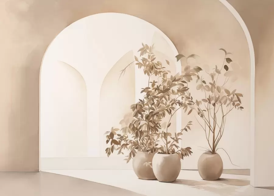fotószőnyeg Növények cserépben, bézs tónusú absztrakt ívek előtt, minimalista stílusban, elegáns és tiszta, semleges háttérrel w09013