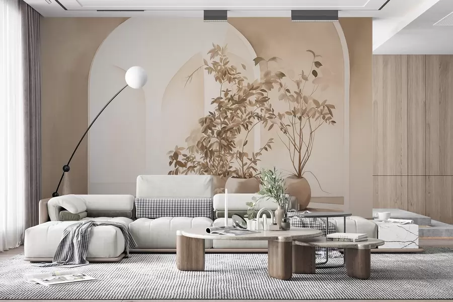 fotószőnyeg Növények cserépben, bézs tónusú absztrakt ívek előtt, minimalista stílusban, elegáns és tiszta, semleges háttérrel w09013