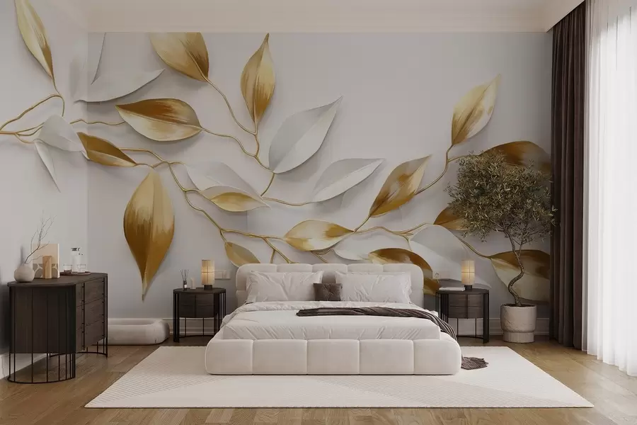 fotószőnyeg Sárga és fehér levelek egy ágon , elegáns design, fehér háttér, minimalista stílus, dekoratív művészet, természet ihlette dekoráció w09015