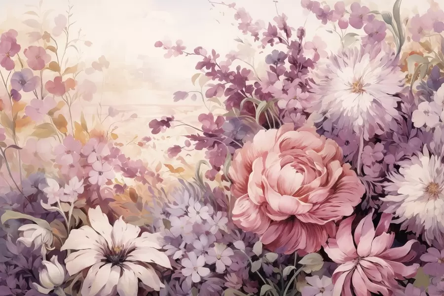 fotószőnyeg Színes virágok rózsaszín és lila árnyalatokban: lila, bazsarózsa, krizantémok w09039