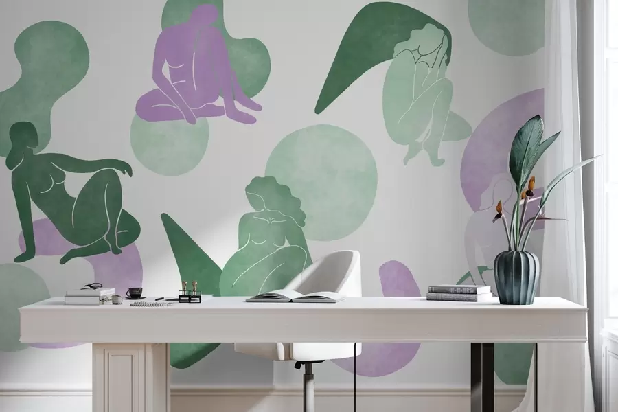 fotószőnyeg Geometrikus absztrakciók női sziluettekkel, boho stílus, lila, zöld w03753v4