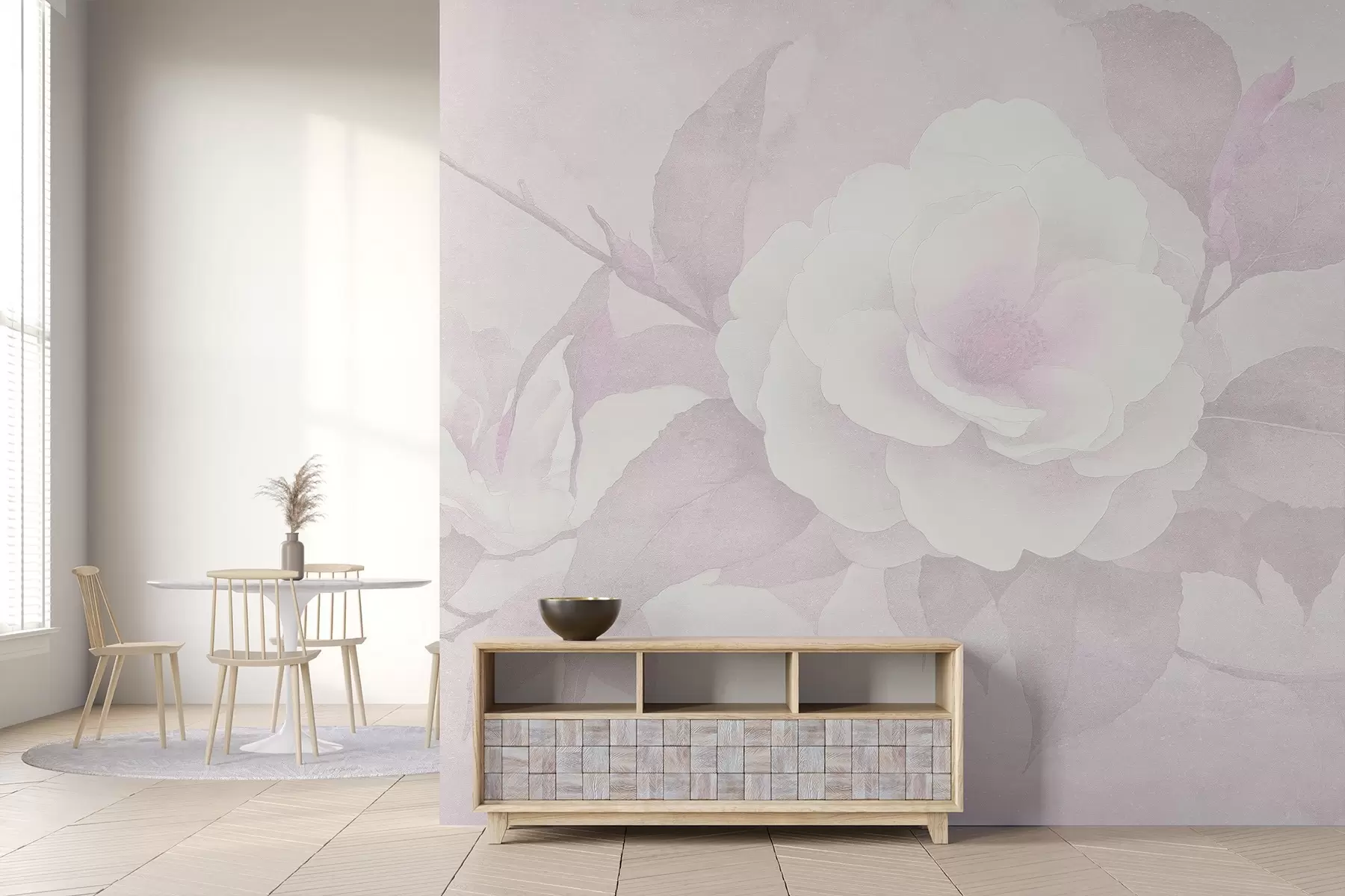 fotószőnyeg Lágy pasztell, kamélia virágokkal az ágon, rózsaszín színekkel w03760v2