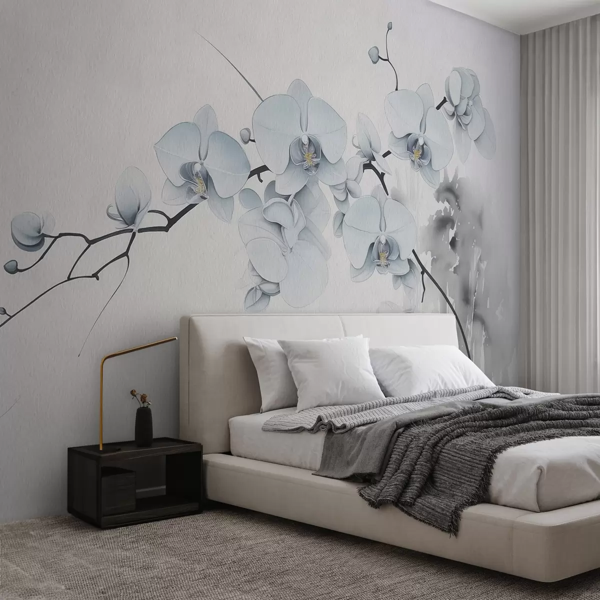fotószőnyeg Japán stílusú akvarell orchideák világos háttéren w03795