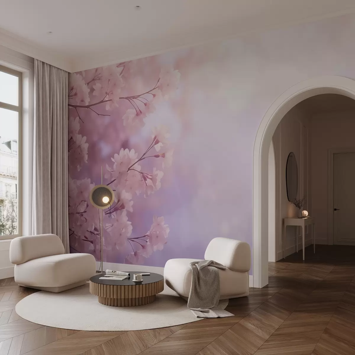 fotószőnyeg Sakura ágak rózsaszín virágokkal pasztell háttéren w03804