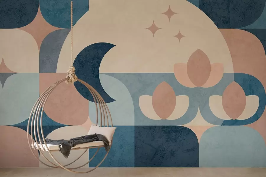 fotószőnyeg geometrikus absztrakció, ahol a lágy formák simán összefonódnak a hold, a virágok és a csillagok szimbólumaival w03723