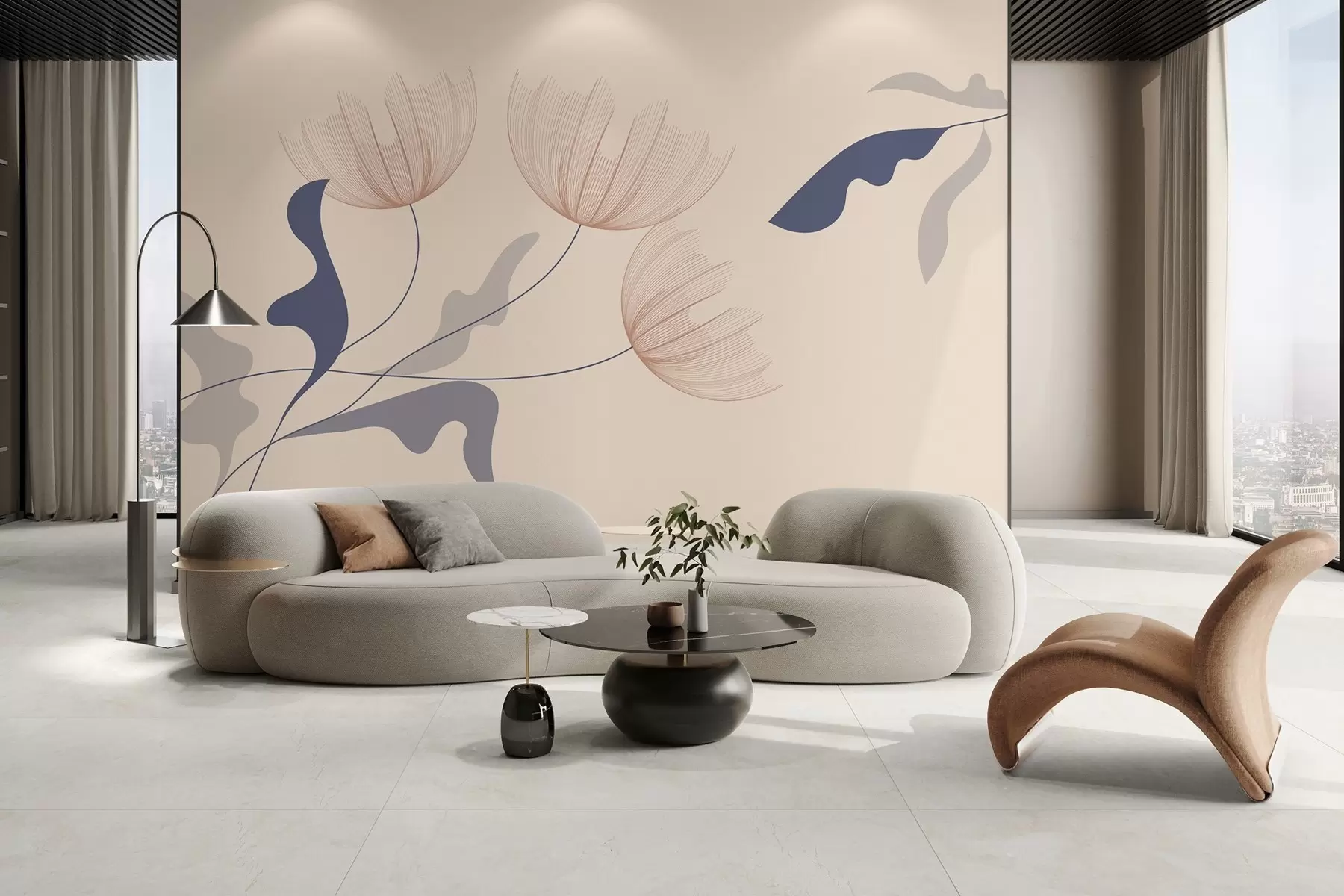 fotószőnyeg elegáns minimalista virágok kék tónusokban bézs háttéren w03763