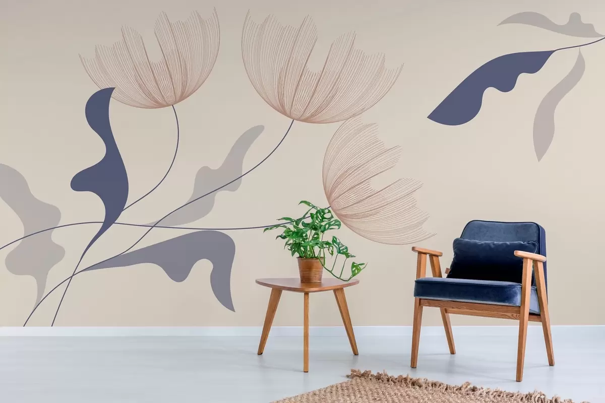 fotószőnyeg elegáns minimalista virágok kék tónusokban bézs háttéren w03763