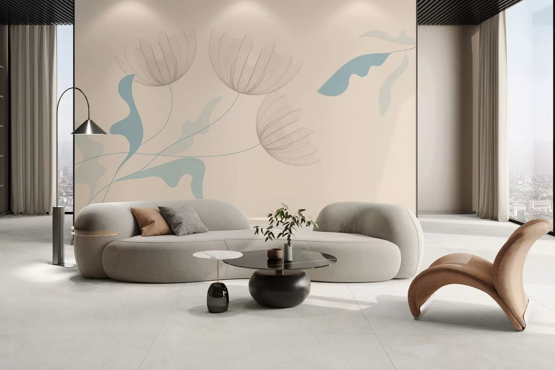 fotószőnyeg elegáns minimalista virágok világoskék tónusokban bézs háttéren w03763v1