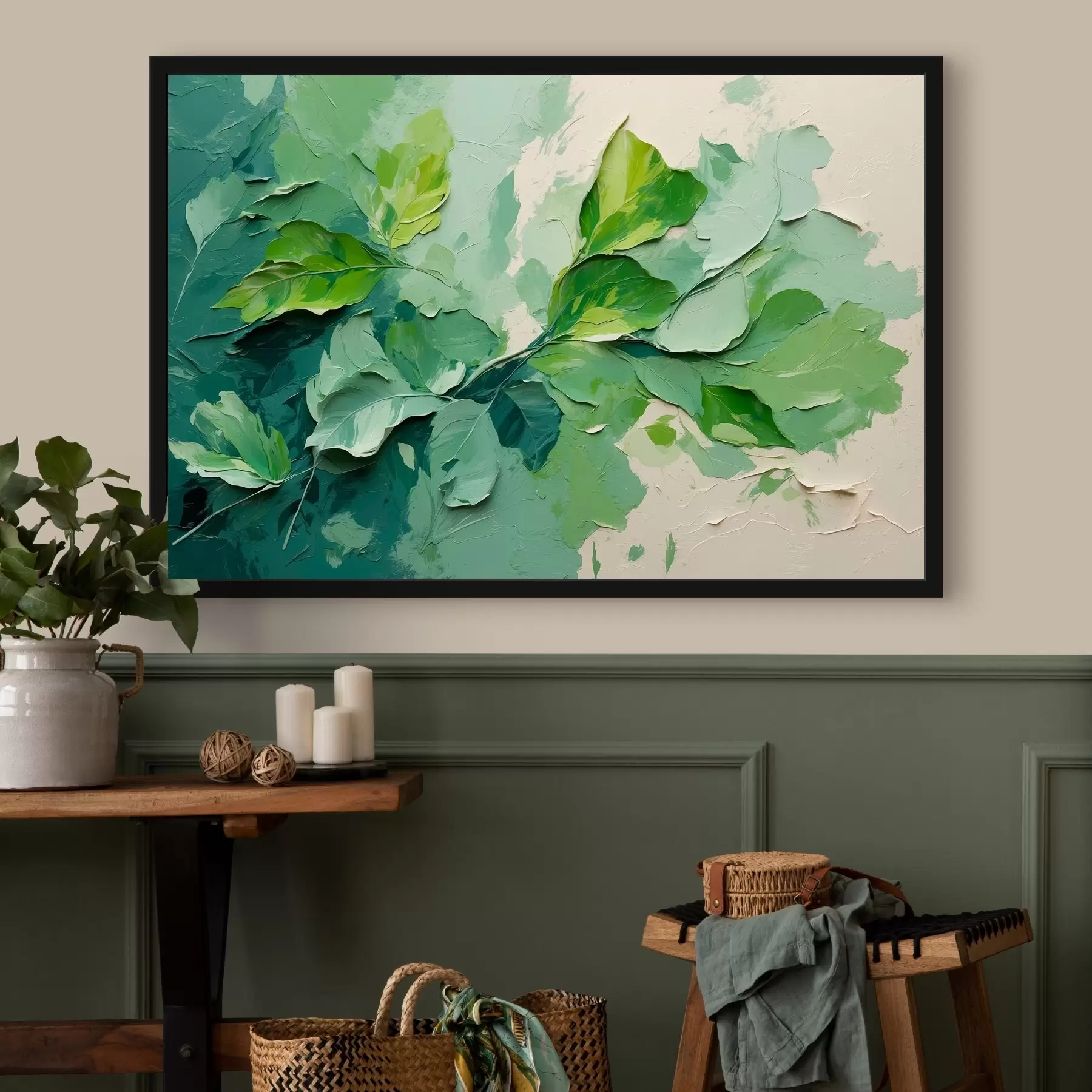 fotószőnyeg Ág zöld levelekkel olajfestmény stílusban f44075