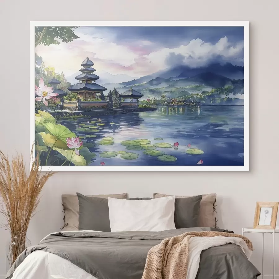 fotószőnyeg Indonéz sziget, templom, buddhizmus, trópusi természet, akvarell stílusban f44148