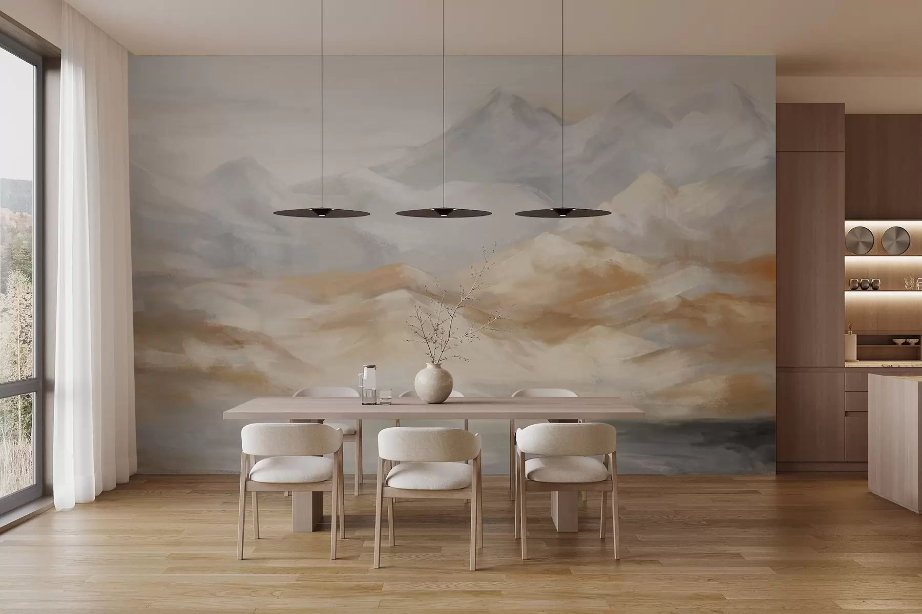 fotószőnyeg Texturált tájkép festmény hegyek egy tóval az előtérben, a fehér, szürke és barna árnyalataiban w09057